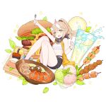  1girl :d bandana bangs bare_arms bare_legs bare_shoulders benghuai_xueyuan black_shorts bowl breasts broken_horn character_request commentary_request crop_top cup drinking_glass eyebrows_visible_through_hair fogriver food food_request fruit hair_between_eyes hamburger highres holding holding_spoon honkai_(series) horns jacket jewelry knees_up lemon lemon_slice light_brown_hair long_hair meat midriff navel necklace noodles oni_horns open_clothes open_jacket open_mouth orange_jacket outstretched_arm ponytail ramen shirt short_shorts shorts simple_background skewer sleeveless sleeveless_jacket small_breasts smile solo sparkle spoon star_(symbol) star_print sushi white_background white_shirt yellow_eyes 