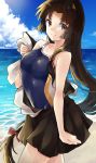  1girl bangs bare_shoulders beach black_hair black_skirt blush breasts closed_mouth clouds competition_swimsuit day eyebrows_visible_through_hair hair_between_eyes hair_ornament hair_ribbon highres horizon japanese_clothes kantai_collection kimono large_breasts long_hair looking_at_viewer ocean one-piece_swimsuit outdoors ponytail ribbon shouhou_(kantai_collection) skirt sky smile solo swimsuit swimsuit_under_clothes twintails u_yuz_xx water white_kimono 