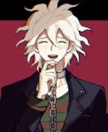  bangs black_background black_jacket blush chain chained collar collarbone danganronpa_(series) danganronpa_another_episode:_ultra_despair_girls green_sweater grey_hair hair_between_eyes hand_on_own_chin hand_up highres jacket komaeda_nagito long_sleeves looking_at_viewer male_focus messy_hair metal_collar official_alternate_costume red_background red_sweater shirt solo striped striped_shirt sweater upper_body zhileng_kong_tiao 