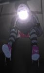  1girl black_hoodie blurry blurry_foreground boots depth_of_field emoticon full_body glowing hood hood_up hoodie icehotmilktea love_live! love_live!_school_idol_project pink_footwear pleated_skirt red_skirt shoe_soles sitting skirt solo striped striped_legwear tennouji_rina thigh-highs untied untied_boots 