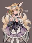  1girl :d animal_ear_fluff animal_ears arknights blonde_hair blush character_name commentary eyebrows_visible_through_hair flower fox_ears fox_tail green_eyes grey_background hair_rings highres juju_(jelly_fever) looking_at_viewer multiple_tails open_mouth ore_lesion_(arknights) pouch scrunchie simple_background smile solo suzuran_(arknights) tail white_legwear wrist_scrunchie 