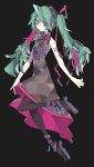  1girl absurdres alternate_costume aqua_hair black_background black_dress bow dress hair_bow hatsune_miku highres long_hair looking_to_the_side mamimu_(ko_cha_22) twintails violet_eyes vocaloid 