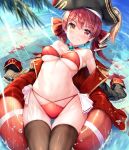  1girl :d afloat anchor_symbol bangs bare_shoulders bikini black_coat black_headwear black_legwear blush breasts choker coat day epaulettes eyebrows_visible_through_hair grin hair_ribbon hat heterochromia highres hololive houshou_marine innertube light_rays long_hair long_sleeves looking_at_viewer medium_breasts mogmog navel off_shoulder open_clothes open_coat open_mouth outdoors pirate_hat red_bikini red_choker red_eyes red_ribbon redhead ribbon smile solo stomach sunbeam sunlight swimsuit teeth thigh_gap thighs twintails under_boob very_long_hair virtual_youtuber water yellow_eyes 