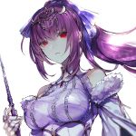  1girl artist_name bangs breasts dress expressionless fate/grand_order fate_(series) fur-trimmed_dress fur_trim hair_between_eyes headpiece holding holding_wand jinkei large_breasts looking_at_viewer purple_dress purple_hair purple_ribbon red_eyes ribbon scathach_(fate)_(all) scathach_skadi_(fate/grand_order) solo tiara wand 