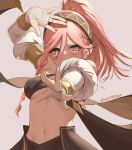  1girl braid bridal_gauntlets fire_emblem fire_emblem_awakening hairband long_hair olivia_(fire_emblem) pink_eyes pink_hair ponytail simple_background skeptycally solo twin_braids twitter_username upper_body 