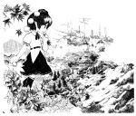  1girl absurdres architecture black_hair black_neckwear black_skirt building clouds commentary_request east_asian_architecture fan fog from_side greyscale hand_up hat highres holding holding_fan landscape leaf leaf_fan maple_leaf monochrome moriya_shrine mountain neck_ribbon onbashira outdoors pointy_ears pom_pom_(clothes) ribbon scenery shameimaru_aya shirt short_hair short_sleeves skirt solo tokin_hat torii touhou white_shirt yamame_jinja 