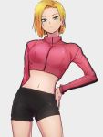  1girl alternate_costume android_18 bike_shorts blonde_hair blue_eyes closed_mouth dragon_ball dragon_ball_z earrings grey_background hand_on_hip jewelry kemachiku long_sleeves looking_at_viewer midriff navel short_hair simple_background solo thighs 