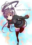  2012 bangs bent_over black_jacket black_order_uniform boots brown_skirt d.gray-man floating_hair hair_between_eyes jacket layered_skirt lenalee_lee long_hair long_sleeves looking_at_viewer military_jacket miniskirt parted_lips peteukop pink_legwear purple_hair red_footwear shiny shiny_hair skirt standing standing_on_one_leg thigh-highs thigh_boots twintails very_long_hair violet_eyes zettai_ryouiki 