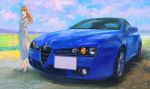  1girl alfa_romeo alfa_romeo_giulia blue_eyes brown_hair car floating_hair ground_vehicle high_heels highres long_hair momo_hiki motor_vehicle original personification vehicle_focus 