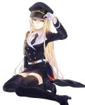  1girl black_footwear black_skirt blonde_hair boots eyebrows_visible_through_hair girls_frontline gloves green_eyes hand_on_headwear hat highres jacket long_hair looking_at_viewer military military_hat military_jacket military_uniform necktie serious shirt sitting sitting_on_lap sitting_on_person skirt solo stg44_(girls_frontline) suprii uniform white_background white_gloves white_shirt 