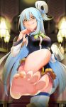  1girl aqua_(konosuba) bare_shoulders barefoot blue_eyes blue_hair breasts cup detached_sleeves eyebrows_visible_through_hair foot_up gesugao grin hair_between_eyes hair_ornament hair_rings highres holding holding_cup kono_subarashii_sekai_ni_shukufuku_wo! large_breasts long_hair looking_at_viewer mug o-hako open_mouth shaded_face skirt smile soles solo thigh-highs toes very_long_hair 