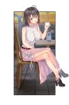  1girl 74_nanashi bare_legs belt black_footwear black_hair breasts chair coffee_cup crossed_legs cup disposable_cup eyebrows_visible_through_hair highres long_skirt looking_at_viewer medium_breasts medium_hair open_mouth pink_skirt shirt shoes sitting skirt solo table violet_eyes white_shirt yahari_ore_no_seishun_lovecome_wa_machigatteiru. yukinoshita_haruno 