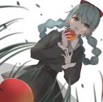  1girl :o apple bangs belt blue_hair bow braid collared_dress dress eating falling_petals food frilled_sleeves frills fruit grass grey_eyes hair_bow hair_rings hatsune_miku highres holding holding_food holding_fruit imminent_bite kazane_mkrl layered_dress long_hair long_sleeves open_mouth petals sharp_teeth solo teeth twin_braids vocaloid 