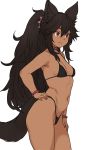  1girl :3 animal_ear_fluff animal_ears bangs bare_shoulders bikini black_bikini black_hair breasts cerberus_(houtengeki) collar commentary_request cowboy_shot dog_ears dog_tail from_side hair_between_eyes hand_on_hip highleg highleg_bikini highres houtengeki long_hair looking_away navel original ponytail red_eyes simple_background small_breasts smile solo spiked_collar spikes stomach string_bikini swimsuit tail very_long_hair white_background 