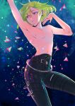  1boy armpits bangs belt bhh4321 earrings eyebrows_visible_through_hair green_hair highres jewelry lio_fotia looking_away looking_to_the_side male_focus nipples pants promare shirtless solo violet_eyes 