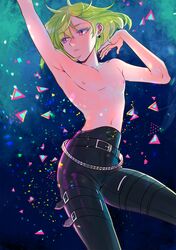  1boy armpits bangs belt bhh4321 earrings eyebrows_visible_through_hair green_hair highres jewelry lio_fotia looking_away looking_to_the_side male_focus nipples pants promare shirtless solo violet_eyes 