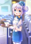  1girl :d airplane_interior bangs blue_eyes blue_hair blue_skirt blurry blurry_background bow buttons cup double-breasted double_bun eyebrows_visible_through_hair flight_attendant flower gloves gochuumon_wa_usagi_desu_ka? hair_ornament hat highres holding holding_tray kafuu_chino looking_at_viewer mozukun43 open_mouth ribbon shirt sidelocks skirt smile solo_focus standing tray twitter_username white_gloves white_legwear white_shirt x_hair_ornament 