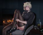  1girl absinthe_(arknights) absurdres animal_ears arknights bangs bear_ears black_choker black_footwear black_shirt blush bottle breasts chair chinese_commentary choker commentary_request cup drinking_glass feet_out_of_frame fire grey_hair highres indoors jangsunyo knee_up large_breasts long_sleeves looking_at_viewer partial_commentary red_eyes shirt shoes short_hair sitting solo thigh-highs thighs 
