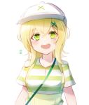  1girl akatsuki_kirika bangs baseball_cap blonde_hair blush breasts commentary_request eyebrows_behind_hair green_eyes hair_between_eyes hair_ornament hat hot_kakigoori long_hair looking_at_viewer medium_breasts open_mouth overalls senki_zesshou_symphogear shirt short_sleeves simple_background solo striped striped_shirt upper_body upper_teeth white_background white_headwear x_hair_ornament 