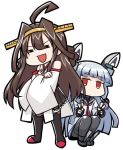  2girls =_= ahoge bangs black_legwear blunt_bangs boots brown_hair brown_skirt crossed_arms detached_sleeves double_bun dress eyebrows_visible_through_hair full_body hair_ribbon hairband hakama_skirt headgear japanese_clothes kantai_collection kongou_(kantai_collection) koopo long_hair multiple_girls murakumo_(kantai_collection) necktie orange_eyes pantyhose red_neckwear ribbon ribbon-trimmed_sleeves ribbon_trim sailor_dress sidelocks silver_hair simple_background skirt smile standing thigh-highs thigh_boots thighband_pantyhose tress_ribbon white_background 