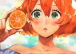  1girl bangs bare_shoulders blonde_hair blush collarbone earrings food freyja_wion fruit green_eyes hair_between_eyes holding holding_food holding_fruit jewelry looking_at_viewer macross macross_delta multicolored_hair off_shoulder open_mouth orange_hair portrait pote-mm short_hair solo two-tone_hair 