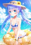  1girl beach bikini blue_eyes blue_hair blue_sky clouds flat_chest flower frilled_bikini frills gochuumon_wa_usagi_desu_ka? hair_ornament hairclip hat highres innertube kafuu_chino midriff mozukun43 navel ocean open_mouth plaid plaid_bikini sand sky sunflower swimsuit twintails water_drop 