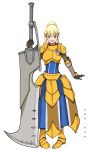  1girl armor armored_dress blonde_hair blue_eyes breastplate breasts darkness_(konosuba) gloves greatsword hair_between_eyes hair_ornament highres holding holding_sword holding_weapon huge_weapon j_o_n_._e_v_e kono_subarashii_sekai_ni_shukufuku_wo! long_hair looking_at_viewer monster_hunter monster_hunter:_world open_mouth ponytail smile solo sword weapon x_hair_ornament 