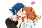  ! 1boy 1girl black_shirt blonde_hair blue_hair blush brown_hair closed_eyes collarbone couple dress_shirt french_kiss freyja_wion green_eyes hair_ornament hair_scrunchie hayate_immelmann highres jewelry kiss macross macross_delta multicolored_hair necklace one_side_up pote-mm red_scrunchie scrunchie shiny shiny_hair shirt short_hair simple_background sketch two-tone_hair upper_body white_background white_shirt 