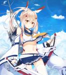  1girl absurdres ayanami_(azur_lane) azur_lane blue_sky blurry choker clouds cloudy_sky commentary_request depth_of_field detached_sleeves dual_wielding hair_ornament hairclip head_tilt highres holding holding_sword holding_weapon long_hair looking_at_viewer machinery midriff navel ocean orange_eyes parted_lips pleated_skirt ponytail retrofit_(azur_lane) sailor_collar school_uniform serafuku shirua_(s4-42424) silver_hair skirt sky solo sword thigh-highs water_drop weapon white_legwear wide_sleeves wind zettai_ryouiki 