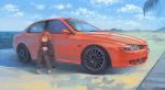  1girl alfa_romeo alfa_romeo_giulia bangs car green_eyes ground_vehicle highres looking_to_the_side medium_hair momo_hiki motor_vehicle orange_hair original personification sitting sitting_on_ground vehicle_focus 