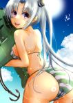  1girl ahoge aircraft airplane akitsushima_(kantai_collection) ass bikini blue_sky clouds commentary_request cowboy_shot flying_boat from_behind grey_hair h8k hat highres inflatable_toy kantai_collection long_hair looking_at_viewer mini_hat mizuya_chiharu purple_hair side_ponytail sky solo striped striped_bikini swimsuit violet_eyes 