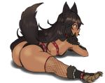  1girl animal_ear_fluff animal_ears ass bangs black_hair breasts cerberus_(houtengeki) commentary_request dark_skin dog_ears dog_tail fishnet_legwear fishnets from_side fur_trim hair_between_eyes high_heels houtengeki long_hair looking_away original red_eyes simple_background small_breasts solo split tail thigh-highs very_long_hair wavy_mouth white_background 