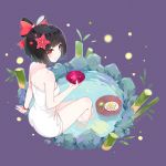  1girl bangs bare_legs bare_shoulders benghuai_xueyuan black_hair character_request cup eyebrows_visible_through_hair fogriver hair_ornament highres holding holding_cup honkai_(series) looking_back red_eyes short_hair sitting smile solo 