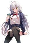  1girl ahoge alternate_costume black_legwear blue_jacket blush bow breasts buttons cellphone closed_mouth commentary_request eyebrows_visible_through_hair fate/grand_order fate_(series) hair_between_eyes harimoji holding holding_phone jacket jeanne_d&#039;arc_(alter)_(fate) jeanne_d&#039;arc_(fate)_(all) long_hair looking_at_viewer miniskirt open_clothes phone pocket red_bow shirt silver_hair simple_background sitting skirt solo thigh-highs very_long_hair white_background white_shirt yellow_eyes zettai_ryouiki 