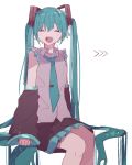  1girl ^_^ arrow_(symbol) bangs black_skirt blue_hair clenched_hand closed_eyes commentary detached_sleeves eyebrows_visible_through_hair hatsune_miku highres i7 long_hair necktie open_mouth sitting skirt twintails very_long_hair vocaloid 