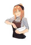  1girl absurdres apron breasts brown_apron derivative_work eyebrows_visible_through_hair girls_frontline green_eyes hair_ribbon highres long_hair looking_at_viewer m1903_springfield_(girls_frontline) open_mouth orange_hair ponytail ribbon shirt smile solo tanaka_ufk white_background white_shirt 