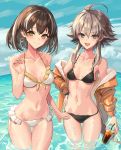  2girls :d ahoge arknights bangs bare_arms bare_shoulders bikini black_bikini black_hair blue_sky breasts clouds collarbone commentary_request cowboy_shot cup day disposable_cup drinking_straw front-tie_bikini front-tie_top grey_eyes grey_hair highres holding holding_cup jacket looking_at_viewer magallan_(arknights) mayer_(arknights) medium_breasts multicolored_hair multiple_girls navel off_shoulder open_clothes open_jacket open_mouth orange_jacket outdoors short_hair short_hair_with_long_locks sigm@ sky smile standing stomach streaked_hair swimsuit thighs wading water white_bikini white_hair yellow_eyes 