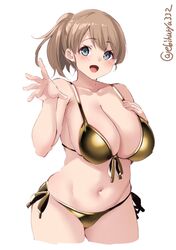  1girl bikini bikini_top blue_eyes breasts brown_hair cowboy_shot ebifurya front-tie_top gold_bikini gold_swimsuit highres intrepid_(kantai_collection) kantai_collection large_breasts navel ponytail revision shiny_swimsuit short_hair side-tie_bikini swimsuit twitter_username white_background 