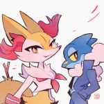  1boy 1girl animal_ear_fluff animal_ears artist_name aukives black_eyes blue_background blue_jacket blue_pants blue_shirt braixen closed_mouth clothed_pokemon crop_top fang fox_ears fox_tail frogadier furry gen_6_pokemon half-closed_eyes hand_in_pocket happy high_collar jacket long_sleeves looking_at_viewer looking_to_the_side neckerchief open_clothes open_jacket orange_eyes pants pokemon pokemon_(creature) red_neckwear school_uniform serafuku shirt signature simple_background smile standing stick symbol_commentary tail upper_body white_shirt yellow_sclera 