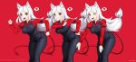  3girls animal_ear_fluff animal_ears arm_garter artist_name bangs black_neckwear black_pants breasts cerberus cerberus_(helltaker) collared_shirt commentary demon_girl demon_tail dog_ears dog_girl fang feet_out_of_frame floating_hair grin hand_up heart helltaker highres leaning_forward long_hair long_sleeves looking_at_viewer low-tied_long_hair lulu-chan92 medium_breasts multiple_girls necktie one_eye_closed open_mouth outstretched_arms pants parted_bangs red_background red_eyes red_shirt shirt simple_background smile spoken_heart standing tail triplets waistcoat white_hair 