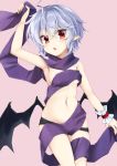  1girl :o ahoge akisome_hatsuka arm_up armpits bat_wings black_panties blue_hair breasts commentary_request contrapposto cropped_legs eyebrows_visible_through_hair groin hair_between_eyes head_tilt holding_scarf light_blush lowleg lowleg_panties navel panties pink_background pointy_ears purple_scarf red_eyes remilia_scarlet scarf short_hair simple_background skindentation small_breasts standing topless touhou under_boob underwear underwear_only wings wrist_cuffs 