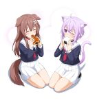  2girls absurdres ahoge animal_ears bangs blue_serafuku blue_shirt bone_hair_ornament brown_hair cat_ears cat_girl cat_tail chocolate_cornet closed_eyes commentary_request dog_ears dog_girl dog_tail eating eyebrows_visible_through_hair felutiahime food hair_between_eyes highres holding holding_food hololive inugami_korone long_hair looking_at_viewer multiple_girls neckerchief nekomata_okayu one_eye_closed onigiri pleated_skirt purple_hair red_neckwear sailor_collar school_uniform seiza serafuku shirt short_hair sidelocks simple_background sitting skirt tail violet_eyes virtual_youtuber white_background white_skirt 