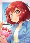  +_+ 1girl :q blue_sky blush brown_eyes collarbone commentary_request eyebrows_visible_through_hair food food_on_face fruit gojarun highres holding holding_food holding_spoon ice_cream idolmaster idolmaster_cinderella_girls idolmaster_cinderella_girls_starlight_stage jacket murakami_tomoe open_clothes open_jacket redhead shirt short_hair sky solo sparkle sparkling_eyes spoon strawberry tongue tongue_out upper_body 