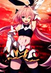  1boy abs absurdres arm_up armpits astolfo_(fate) astolfo_(saber)_(fate) bangs bare_shoulders black_bow black_gloves black_legwear black_neckwear black_panties black_ribbon black_skirt blush bow bowtie crop_top detached_sleeves elbow_gloves fang fate/grand_order fate_(series) faulds gloves gradient_sky hair_bow hair_intakes harii_(janib5kc) highres long_hair looking_at_viewer low_twintails multicolored_hair navel open_mouth orange_sky otoko_no_ko panties pink_hair ribbon skin_fang skirt sky smile streaked_hair thigh-highs thighs twilight twintails underwear violet_eyes white_hair wide_sleeves wing_collar 