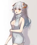  1girl absurdres arknights bad_arm bangs bare_arms bare_shoulders blush breasts commentary cowboy_shot drop_shadow earrings eyebrows_visible_through_hair furuki_ayaginutaira grey_background grey_sweater highres horns jewelry long_hair medium_breasts no_pants orange_eyes ribbed_sweater saria_(arknights) silver_hair simple_background sleeveless sleeveless_sweater sleeveless_turtleneck solo standing sweater turtleneck 