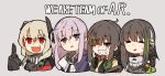  4girls amonitto anti-rain_(girls_frontline) bangs black_hair brown_eyes closed_eyes commentary_request cropped_torso eyebrows_visible_through_hair eyepatch girls_frontline green_hair grey_background headgear headphones headphones_around_neck light_brown_hair long_hair m16a1_(girls_frontline) m4_sopmod_ii_(girls_frontline) m4a1_(girls_frontline) middle_finger multicolored_hair multiple_girls open_mouth pink_eyes pink_hair red_eyes scarf st_ar-15_(girls_frontline) streaked_hair teeth 