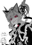  1boy 1girl absurdres animal_ears cat_ears demon_girl demon_horns drake_(musuko_ga_kawaikute_shikatanai_mazoku_no_hahaoya) gothic gothic_lolita highres horns juugoya_(zyugoya) limited_palette lolita_fashion long_hair musuko_ga_kawaikute_shikatanai_mazoku_no_hahaoya nightmare_(musuko_ga_kawaikute_shikatanai_mazoku_no_hahaoya) red_eyes 