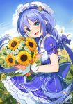  1girl blue_bow blue_eyes blue_hair blush bow character_request company_name copyright_request day eyebrows_visible_through_hair flower gloves hair_bow holding holding_flower long_hair looking_at_viewer nagu open_mouth outdoors smile solo sunflower twintails very_long_hair white_gloves 