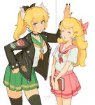  2girls black_bow blonde_hair bow bowsette closed_eyes curly_hair green_skirt hair_bow hand_on_hip hand_up hands_on_lap jacket jivke leather leather_jacket super_mario_bros. multiple_girls patches pink_bow pink_skirt ponytail princess_peach school_uniform skirt smile 
