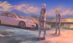  2boys blonde_hair brown_eyes car from_behind ground_vehicle hands_in_pockets highres honda honda_civic momo_hiki motor_vehicle multiple_boys open_mouth original parking_lot personification scenery standing suzuki_(company) suzuki_swift white_hair 